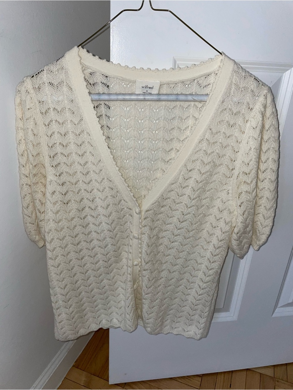 Wilfred Cream Open-Knit V-Neck Short Sleeve Cardigan
